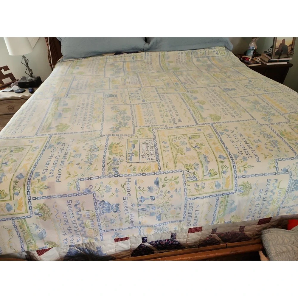 Vtg 70's Perma-Prest Full Flat Sheet Faux Cross Stitch Cottagecore Country